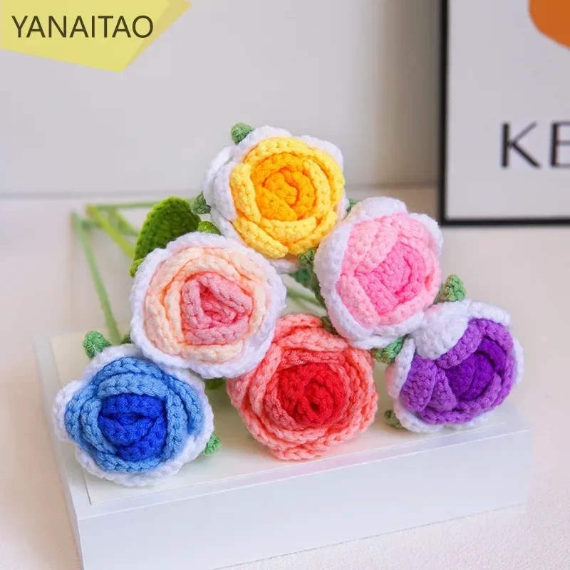 Finished Simulated Wool Hand-knitted Gradients Rose Flower Bouquet Wedding Home Decor Accessories Ornament Artificial Flowers