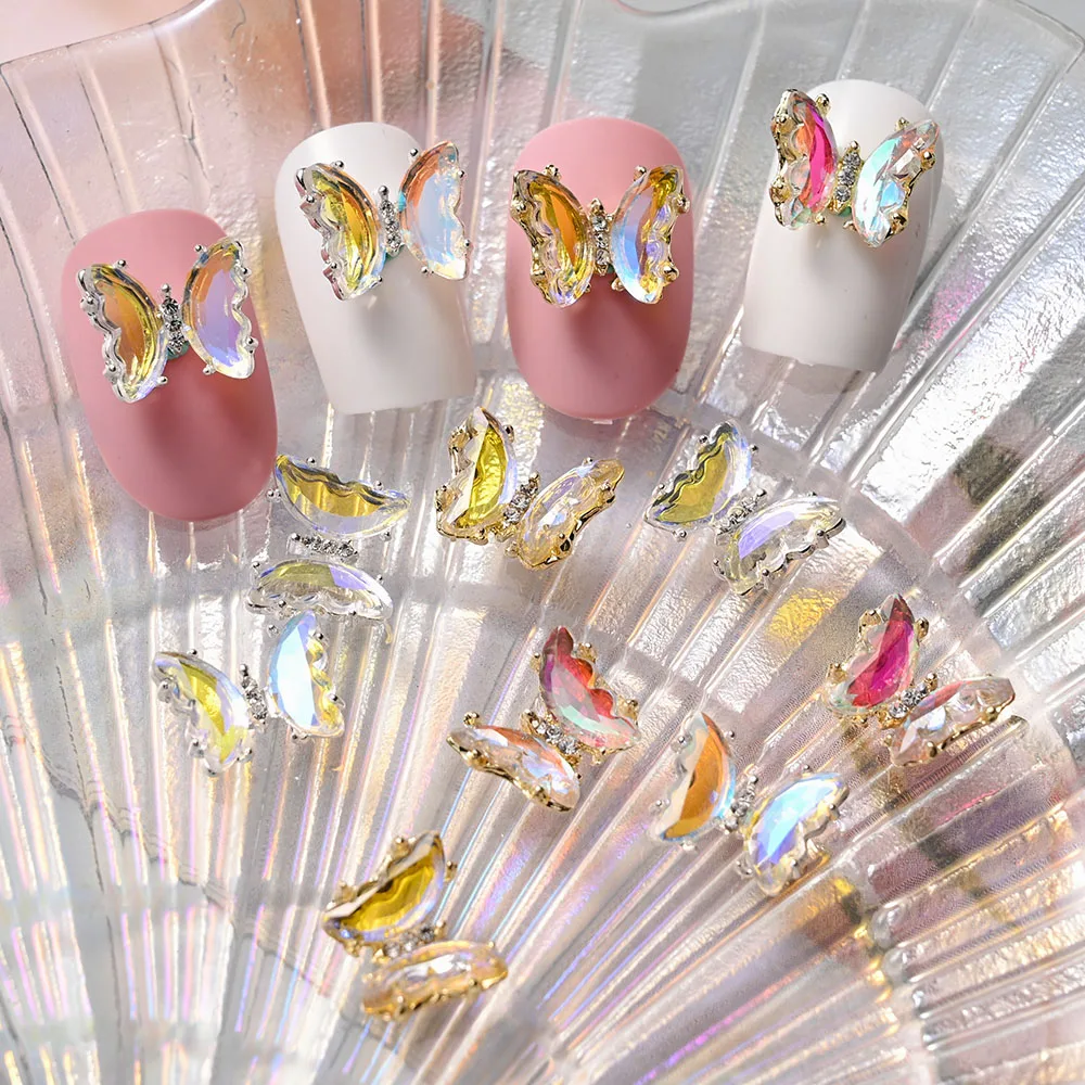 10pcs Aurora Fantasy Butterfly Nail Art Charms 3D Luxury Gold Border Crystal Butterflies DIY Rhinestones For Nail Decoration