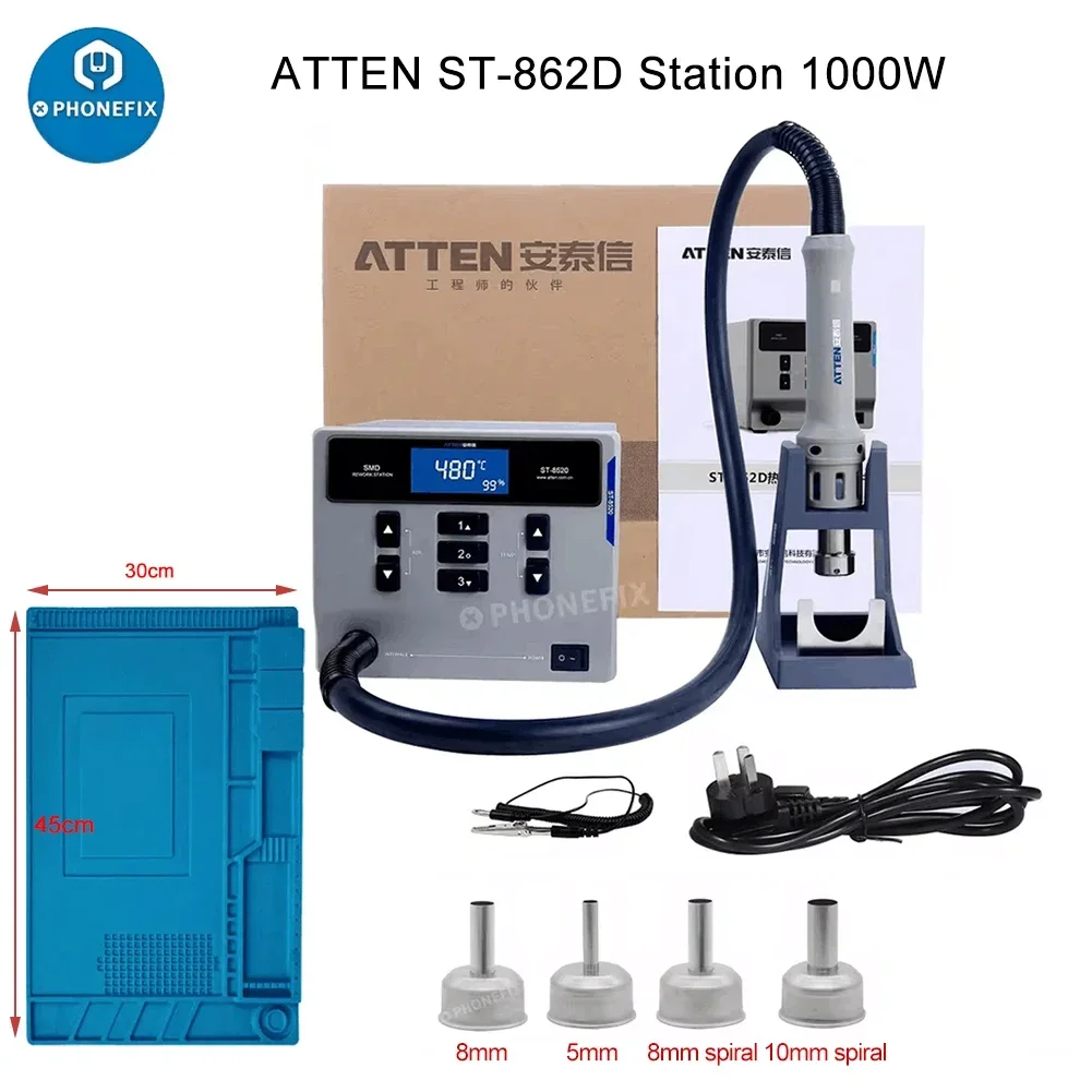 ATTEN ST-862D Hot Air Gun Soldering Station 1000W Lead-free Intelligent Digital Display Rework Station For Phone PCB Chip Repair