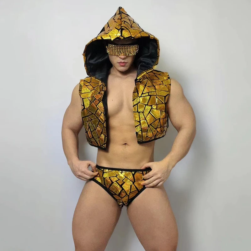Nightclub DJ Party Muscle Man Gogo Pole Dance Clothes Silver Gold Mirrors Costume Sequins Hoodie Shorts Stage Rave Outfit XS5951