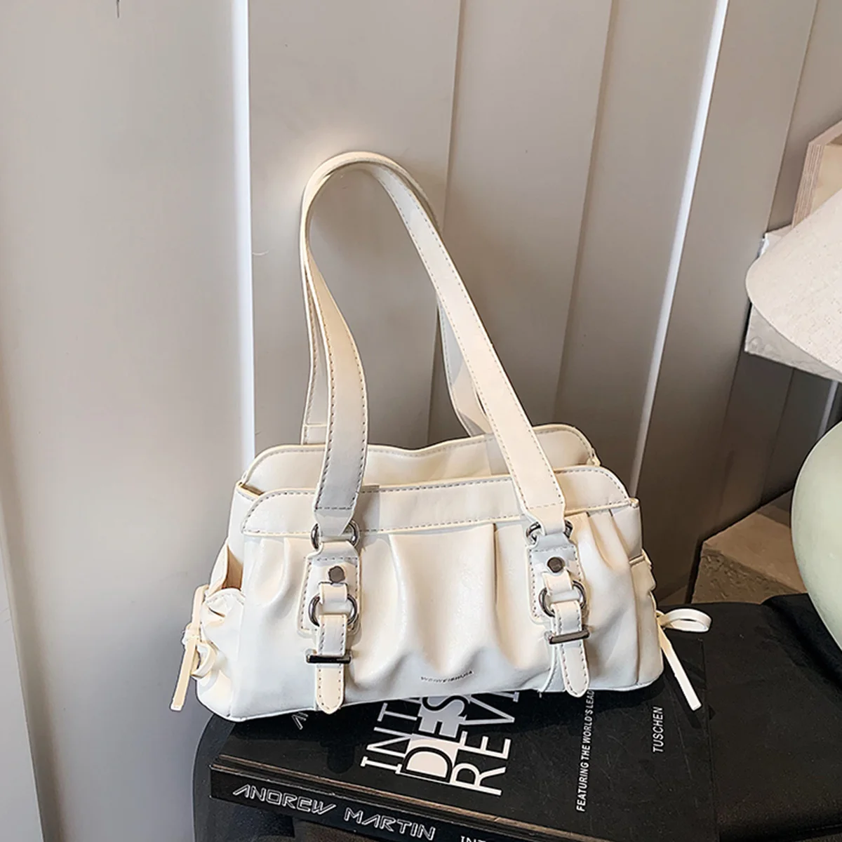 

Y2K Fashion Women Handbag Metal Crinkle Large Capacity Shoulder Bag PU Multi Function Underarm Bag for Commute Shopping