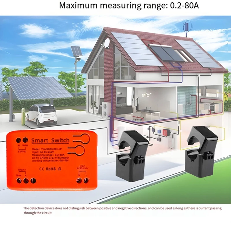 A76F-Tuya Smart 85-250V Wifi 2 Channel Clamp With Current/Voltage/Energy Monitoring 80A Smart Energy Meter For Alexa Alice