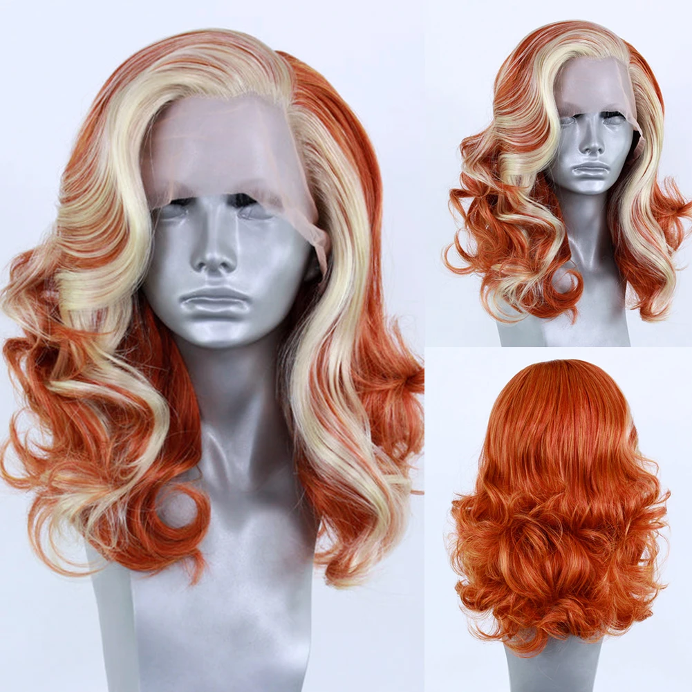 AIMEYA Halloween Synthetic Lace Front Wig Highlight Orange Blonde Wigs for Women Short Loose Wave Lace Wig Cosplay Party Wigs