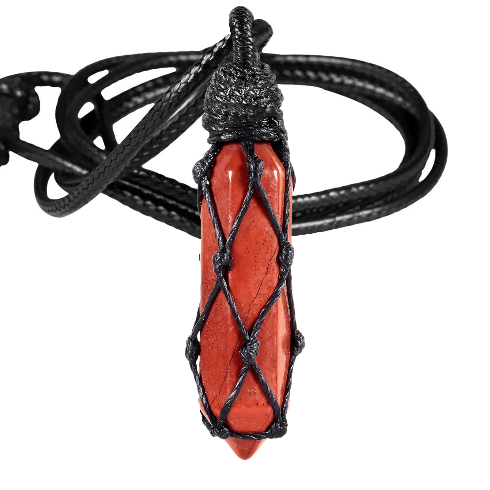 

Black Mesh Rope Wrap Red Jasper Crystal Pillar Shape Healing Pendant Necklace Adjustable Wax Rope Charm Energy Jewelry For Women