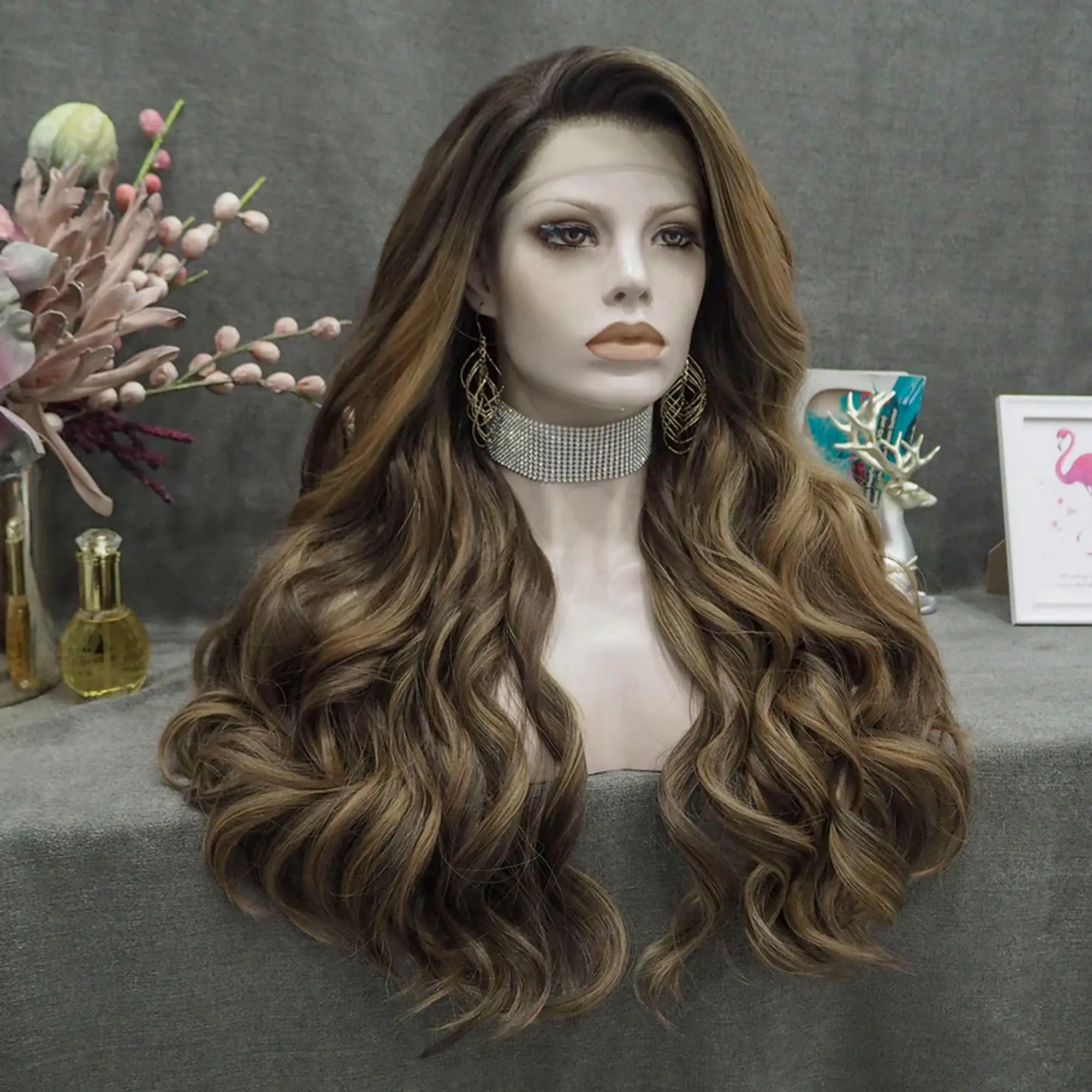 

28 Inches Dark Caramel Brown Highlights Balayage Synthetic Lace Frontal Wigs Brunette Long Length Loose Wave Daily Party Wigs