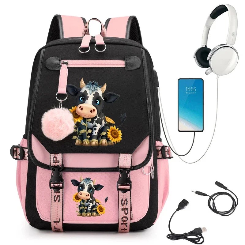 Mochila escolar de Anime de vaca girasol para niñas, Mochila de estudiante de secundaria, bolsa de dibujos animados, Mochila de carga Usb