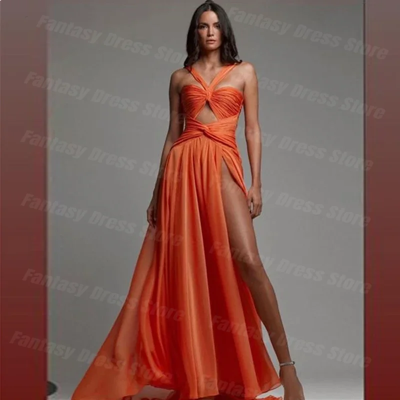 

Fantasy Dress Orange Sexy Organza Prom Dresses Side Slit Floor Length Pleat Sleeveless Long Evening Dresses Robes De Soirée