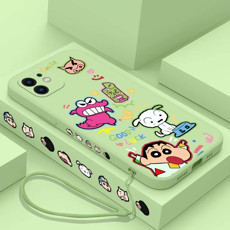 Anime Crayon Shin-chan Phone Case For iPhone 15 14 13 11 12 Pro Max Mini X XR XS SE20 8 7 6 Plus  Silicone Cases with Hand Strap