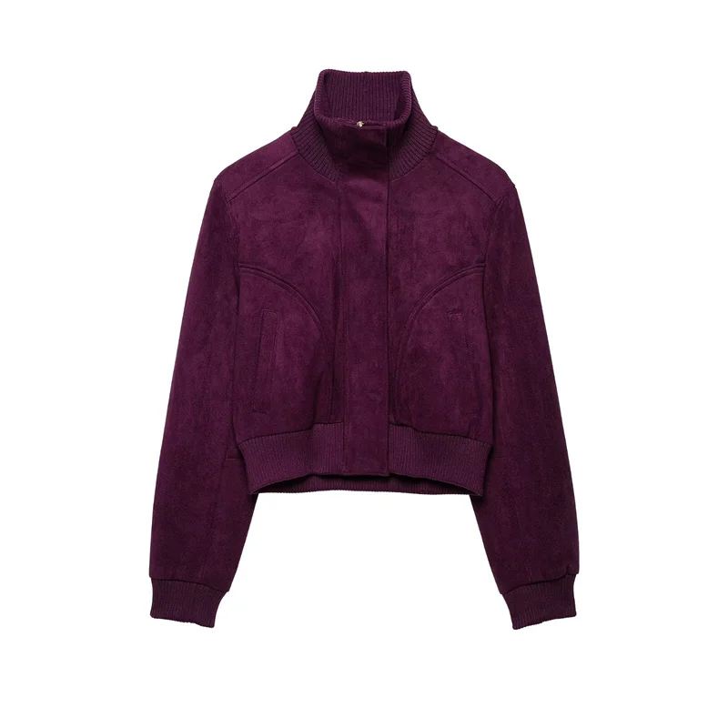 Guobioziy Women's Jacket 2026 Early Autumn New Arrival Suede-Effect Solid Color Stand Collar Coat Fashionable Retro Style