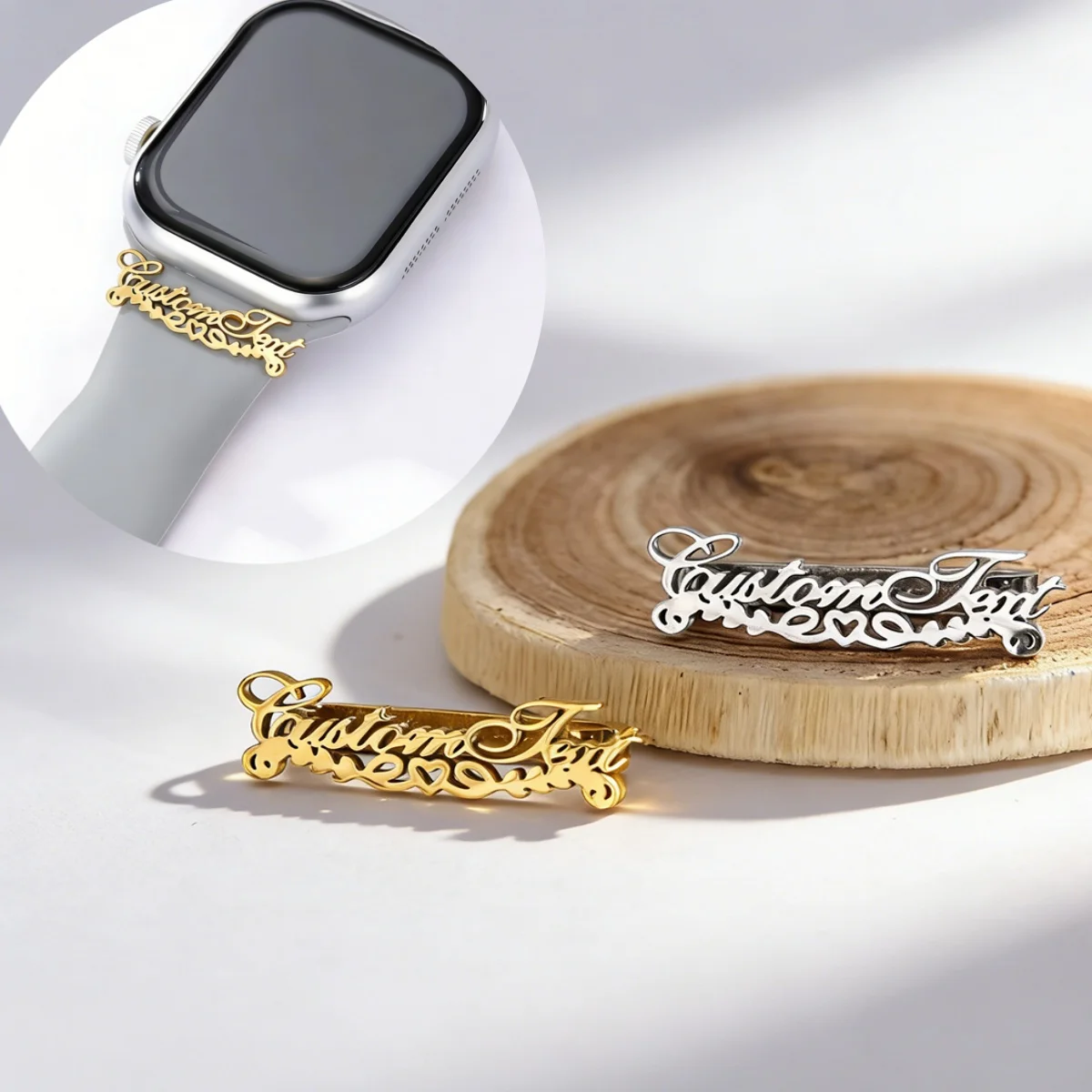 Luxury Heart Cursive Customized Name Watch Strap 20mm 22mm Stainless Steel Band Charms for Wristwatch Decoration