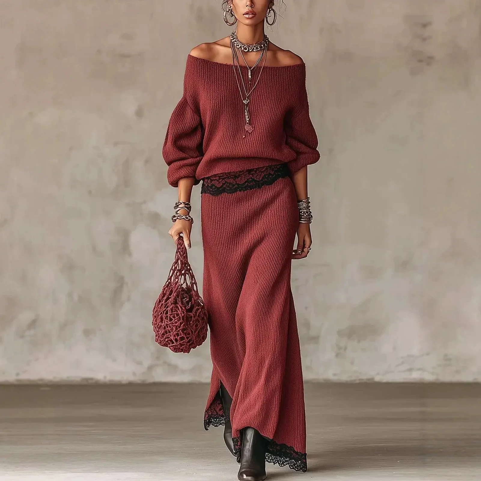 2 Piece Set Ribbing Knit Tops Long Skirts Women Autumn Off Shoulder Lace Splic Suit O-Neck Pullover Outwear Skirt Casual Outfits