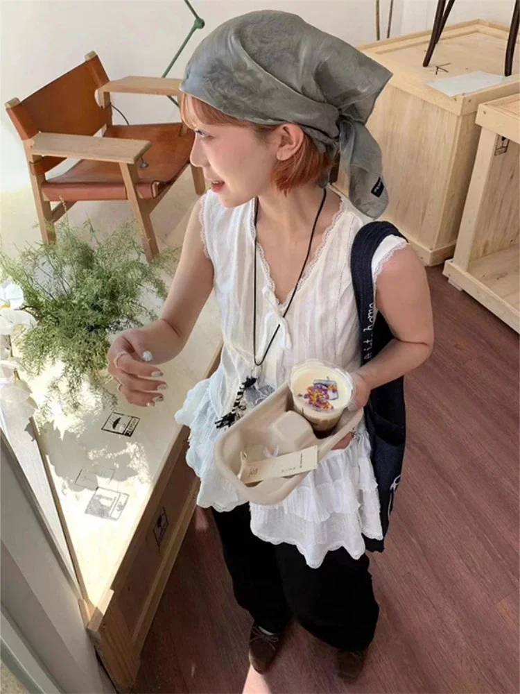 Verão doce rendas retalhos solto colete feminino grunge bonito sem mangas y2k estética topos harajuku bandagem arco tanque topo vintage