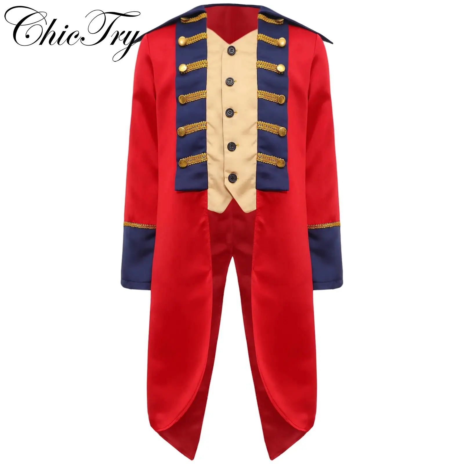

Boys Halloween Medieval Prince Tailcoat Jacket Royal General Costume Long Sleeve Steampunk Frock Coat Napoleon Roleplay Costume