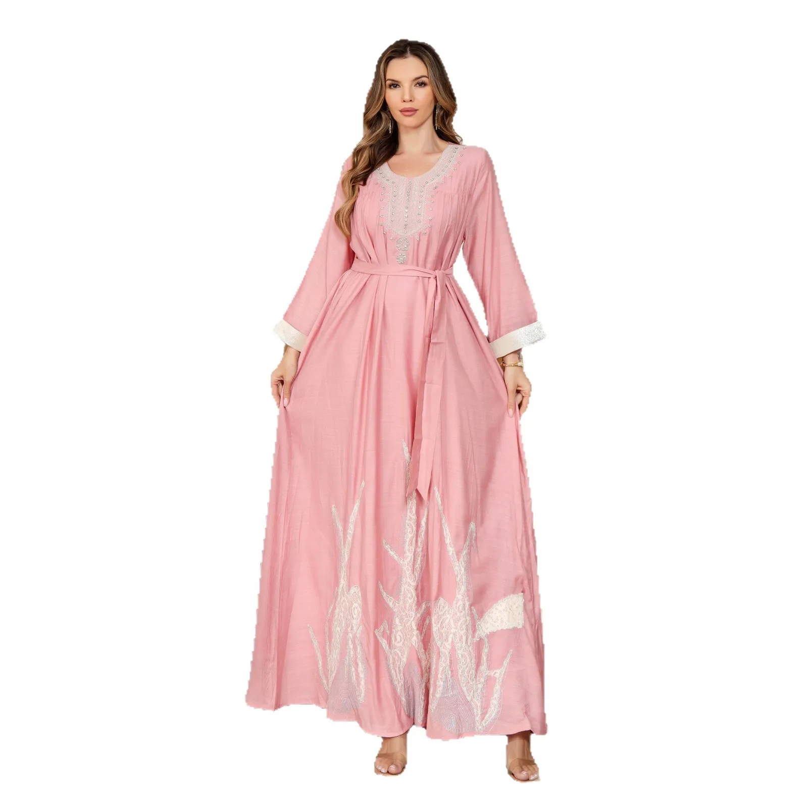 Muslim New Fashion Women's Casual Trendy Solid Color Embroideried Loose Long Sleeve Sash Pullover Abaya Female Middle East Arab