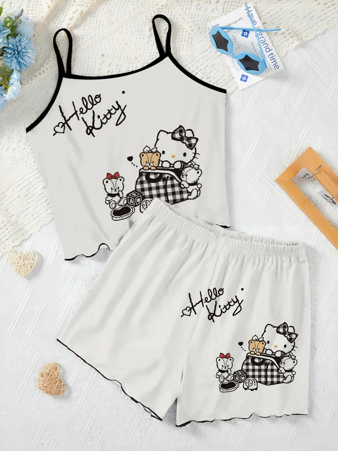 Pyjama Rok Elegante Dames Sets Zomer Outfit Top Disney Home Dress Hello Kitty Sla Trim T T-Shirt Stukken Korte Broek