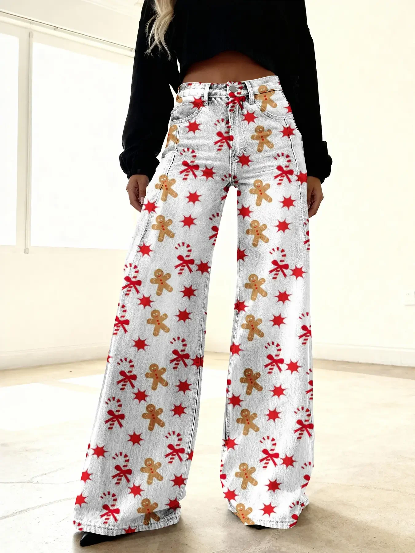 Christmas women's imitation denim printed high waisted flared pants, sweet and cute, Ladies' style color block fashion