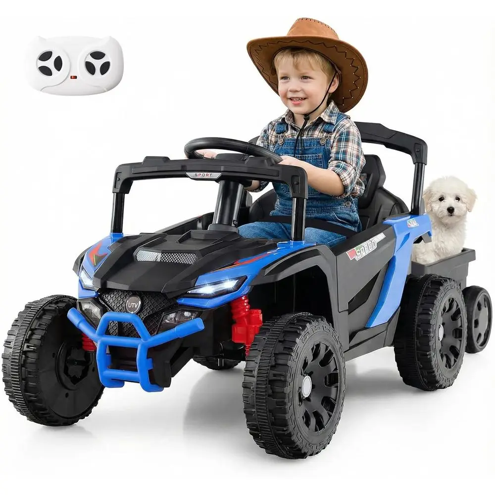 Samochód UTV dla dzieci Costzon z odłączanym przyczepką, elektryczny pojazd zasilany akumulatorem 12V z pilotem, 3 prędkości, niebieski