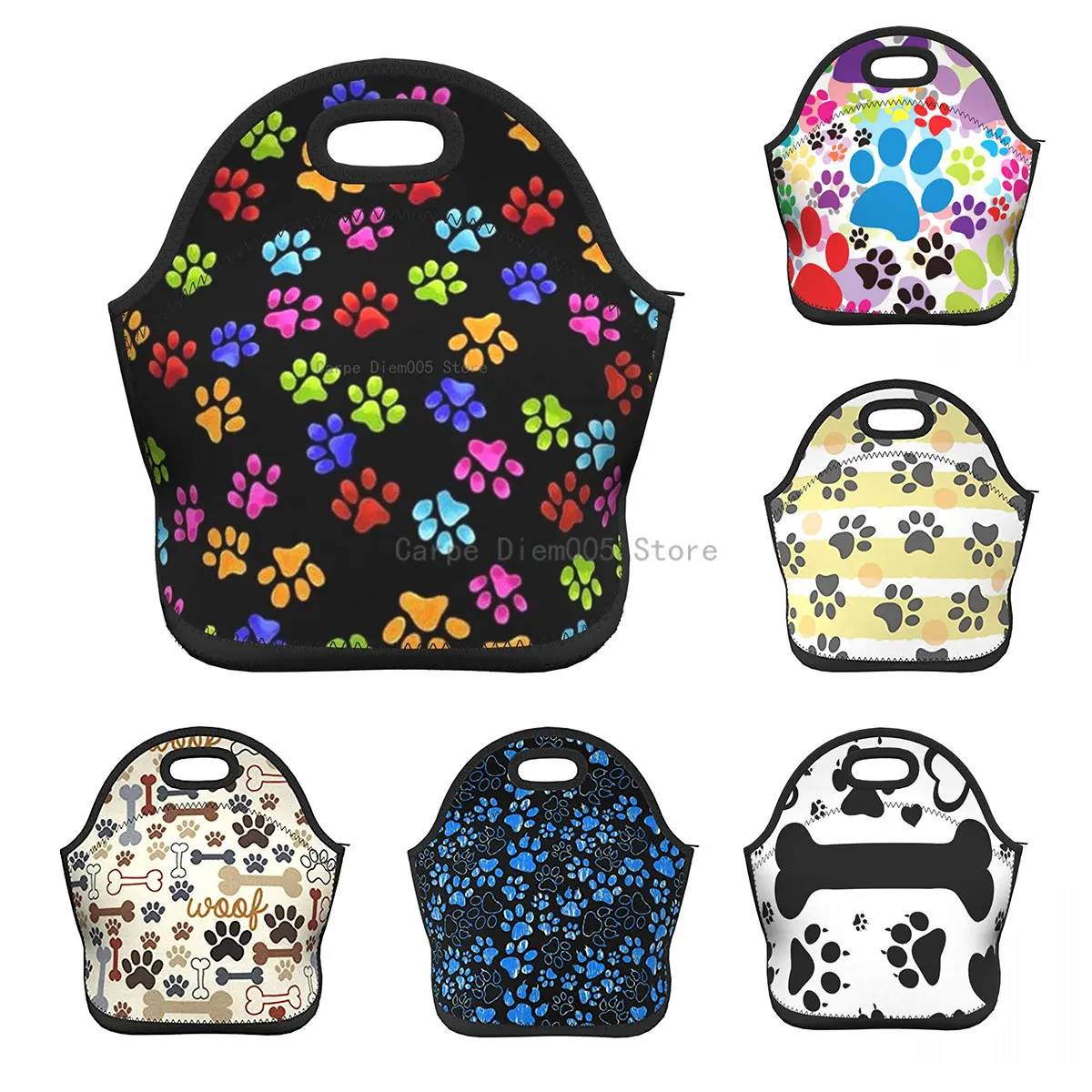 Colorful Dog Paw Reusable Insulated Neoprene Lunch Tote Bag Cooler Portable Lunch Box Bags