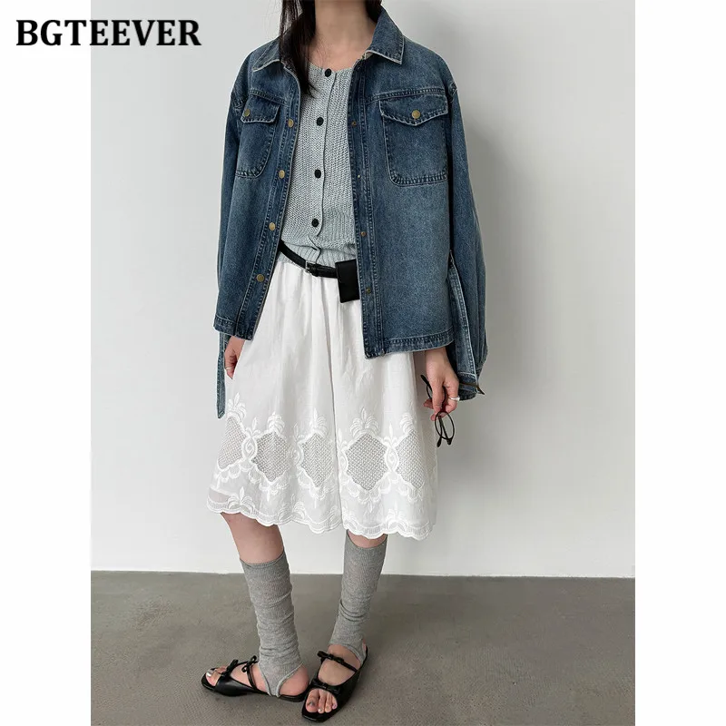 BGTEEVER 100% Cotton Lace Patchwork Skirt for Women Spring Summer Embroidery A-line Skirt Female