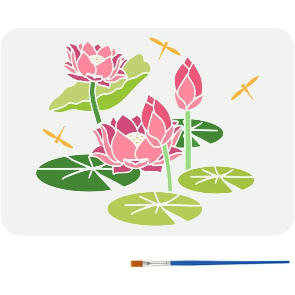 Summer Water Lilies Painting Stencil with Paint Brush 8.3x11.7