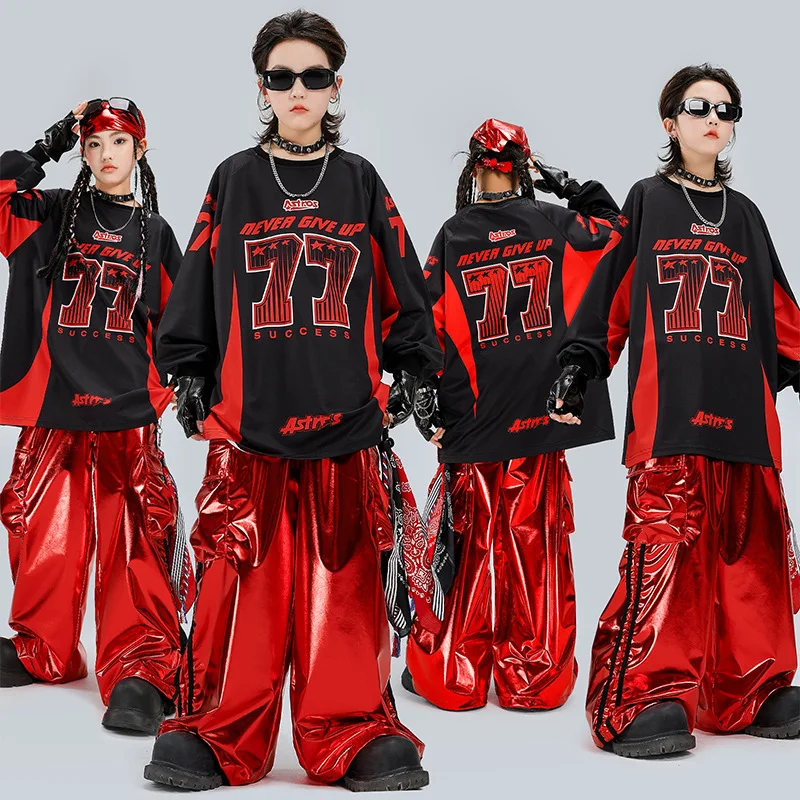 Boys Hip Hop Shiny Fashion Sweatshirt Street Dance Cargo Pants Girls K-pop Clothes Set Kid Hip Hop Jazz Costume Child Streetwear