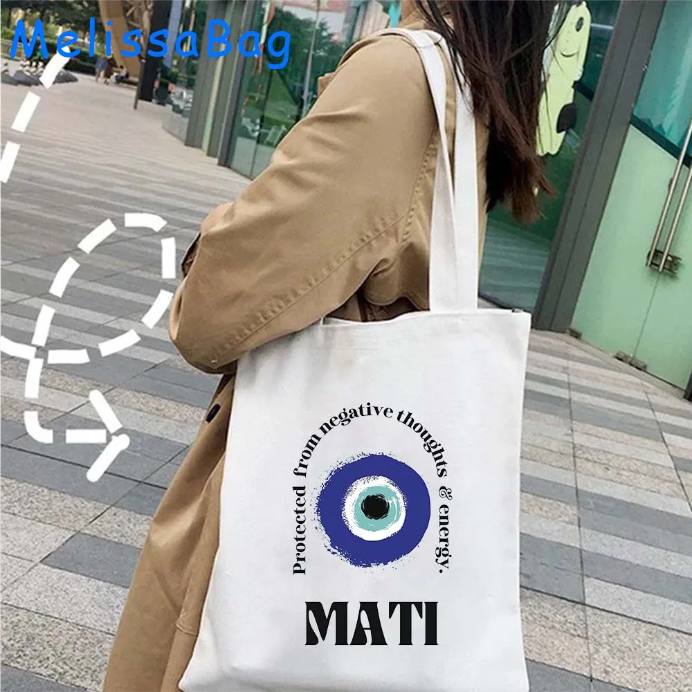 Borsa a tracolla in tela colorata Mati Blue Evil Eye Moon Mandala Flower Masallah Nazar Harajuku Shopper borsa in cotone riutilizzabile