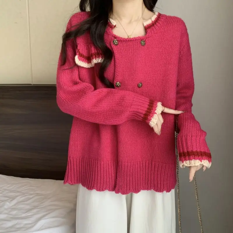 Large Size Women's Red Sweater with Lace Collar Western Style Stomach Covering Knitted Cardigan Top