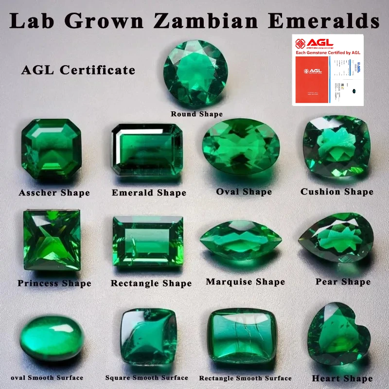 

Lab Grown Zambian Emeralds Hydrothermal Hand Cutting Multiple shapes with Cracks Inclusions Inside Selectable AGL Certificate
