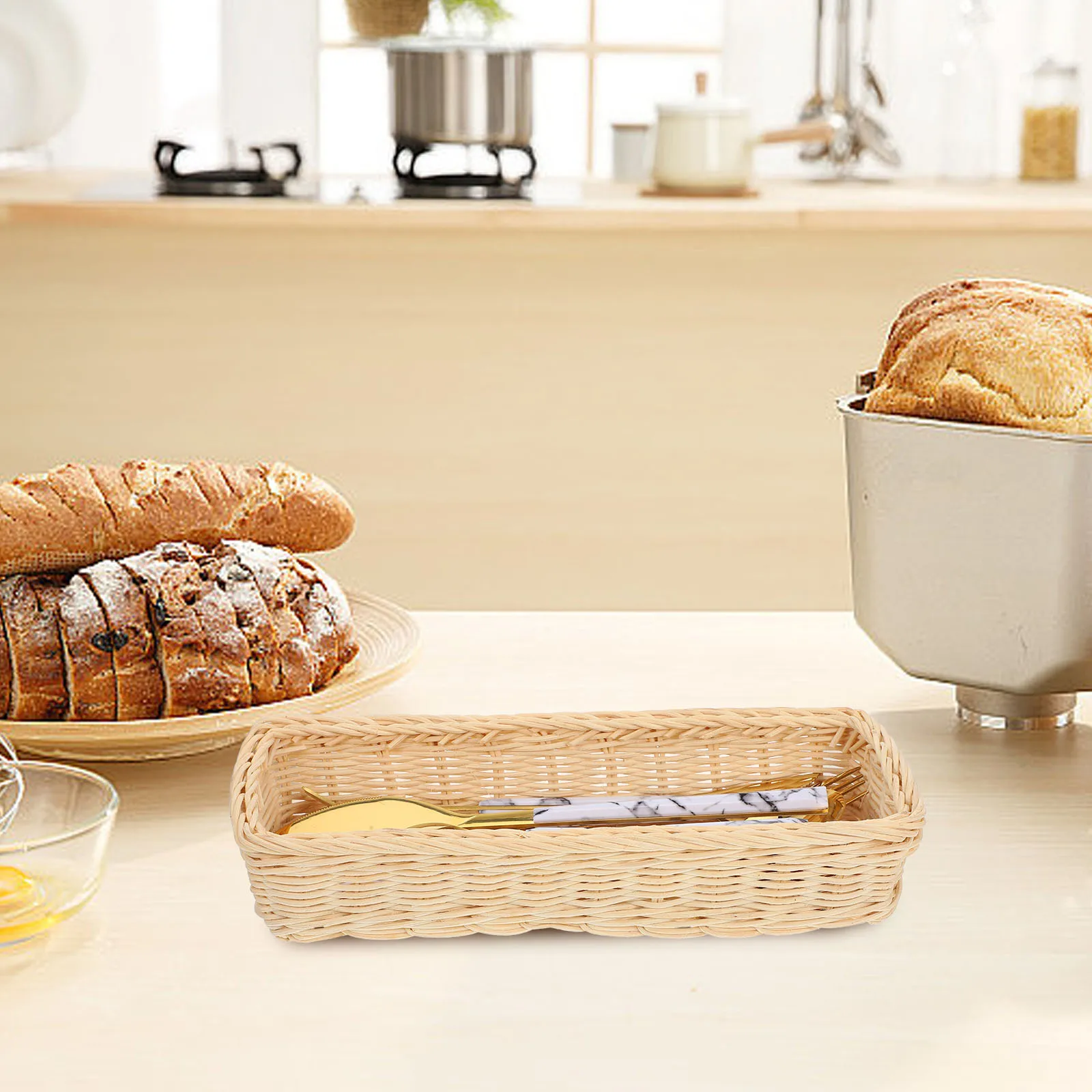 

Rattan Storage Basket Tableware Holder Beige Silverware Chopstick Organizer Flatware Utensil Container Woven Cutlery Box Kitchen