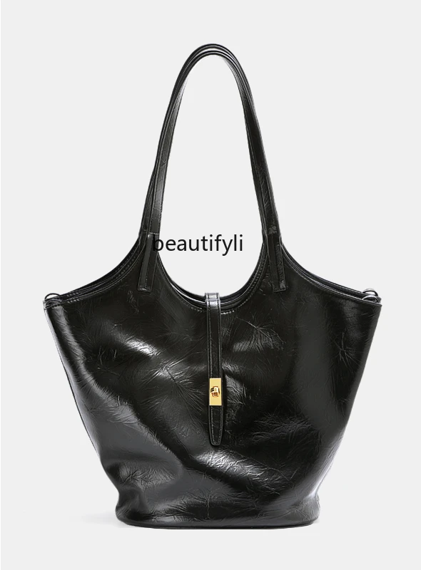 

Niche Tote Bag Female Genuine Leather Soft Leather Black Commuter Bag Underarm Shoulder Bag High Sense Cowhide