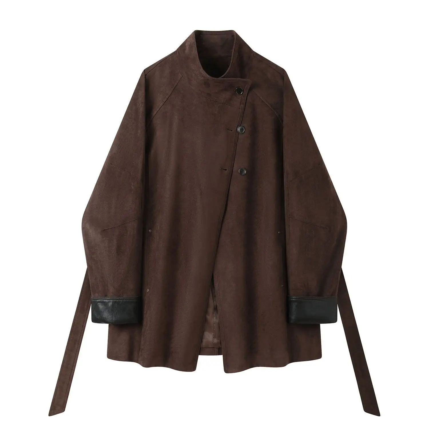 เสื้อโค้ทเทรนช์โค้ทผ้าสักหลาดสไตล์ชิคสำหรับฤดูใบไม้ร่วง  พร้อมแขนเสื้อหนัง  ตกแต่งด้วยแผ่นผ้า  มีเข็มขัด  ทรงโอเวอร์ไซส์  แบบยาว  เสื้อแจ็คเก็ตอเนกประสงค์  เสื้อคลุมลำลอง