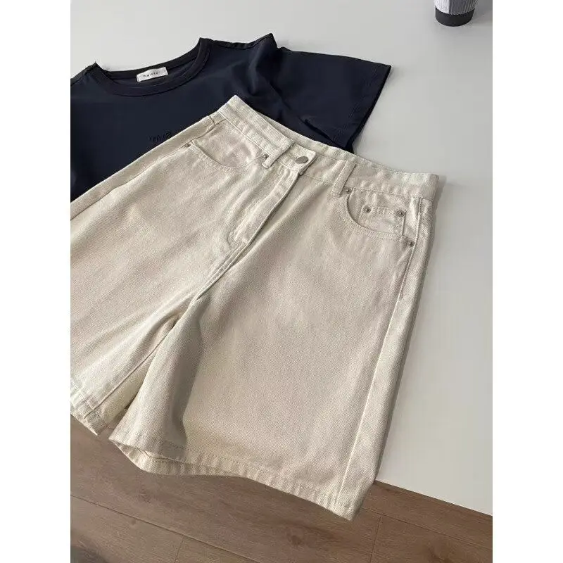 

White Denim Short Pants Women's Trendy Korean Version Color Casual Five-Point Loose Straight Leg Wide Leg Mid-Length