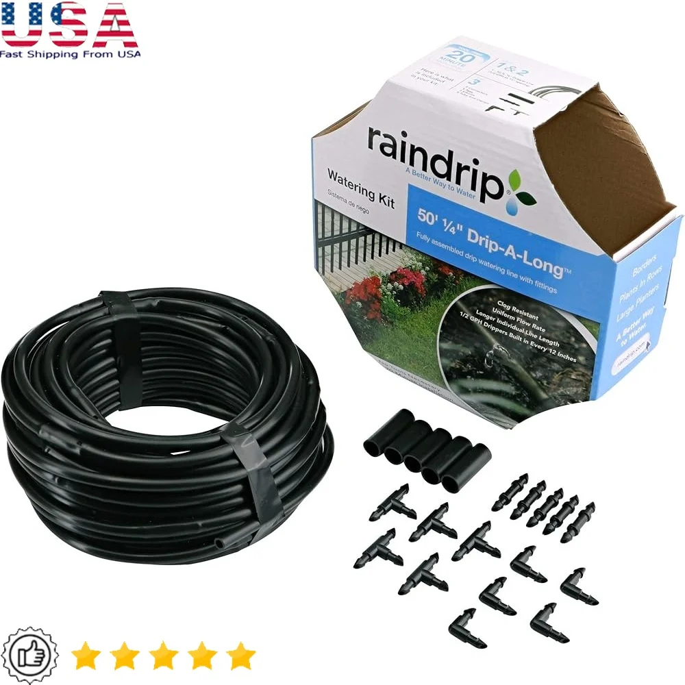 

Dripline Kit 50ft 1/4in Drip Irrigation System with 1/2 GPH Emitters Barbed Tees Easy Install Gardens Planters