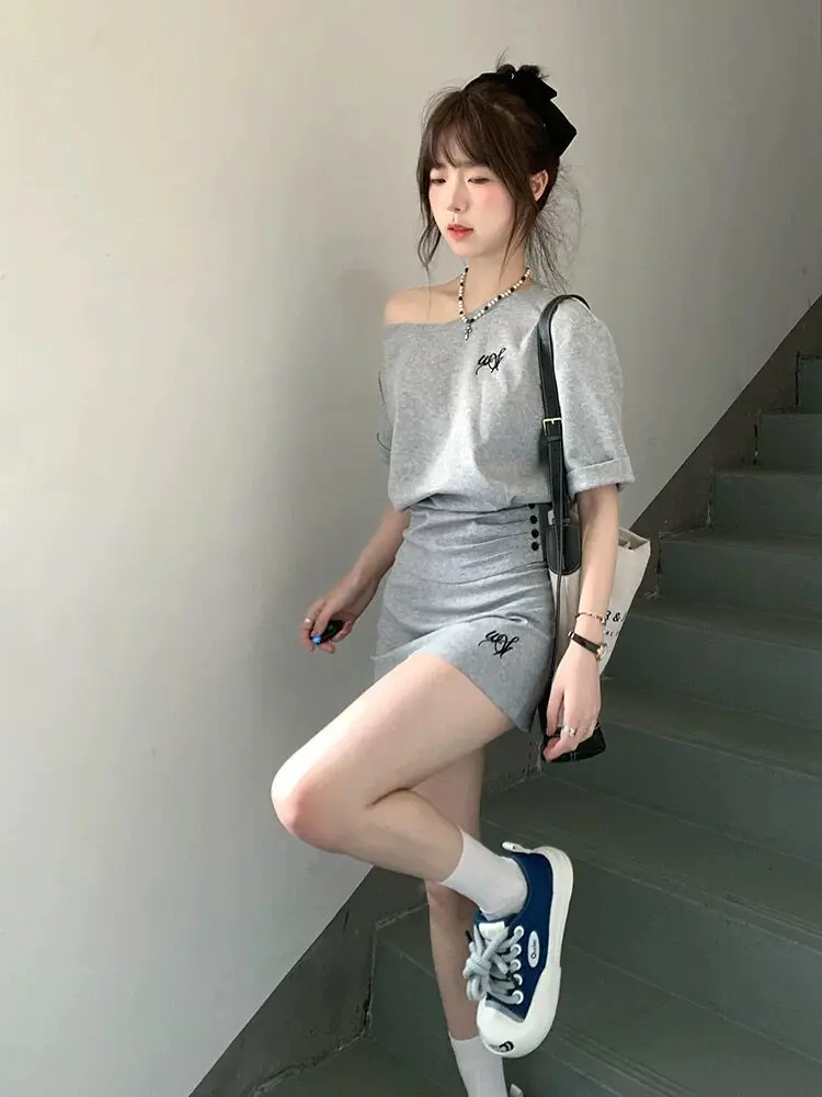 

Summer 2026 New Casual Sportswear Set Sweet Spicy Girl One Shoulder Short Sleeve Hot Girl Skirt Two Piece Set Cotton Blend