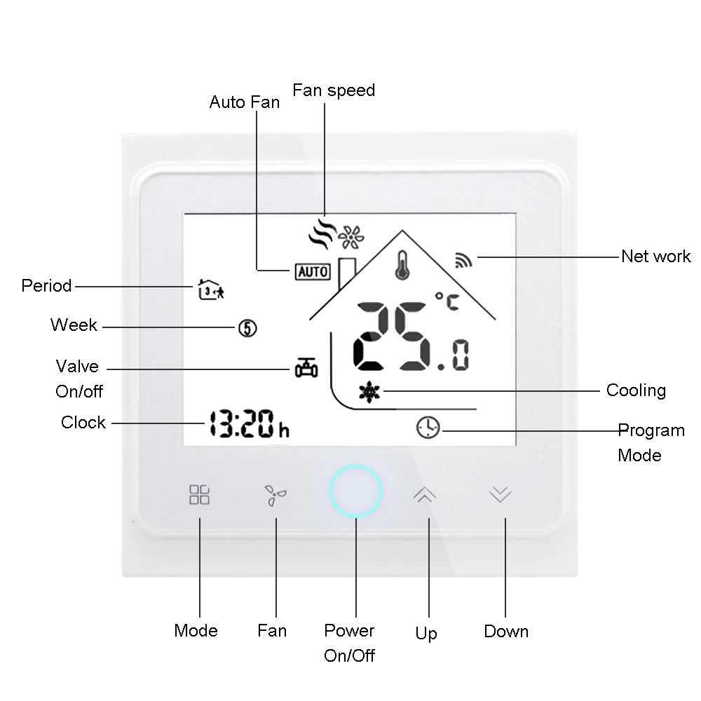 Imagem -02 - Controlador de Temperatura Programável Inteligente do Condicionamento de ar Inteligente do Controlador de Temperatura do Termostato de Qiumi Wifi com 2-tubo