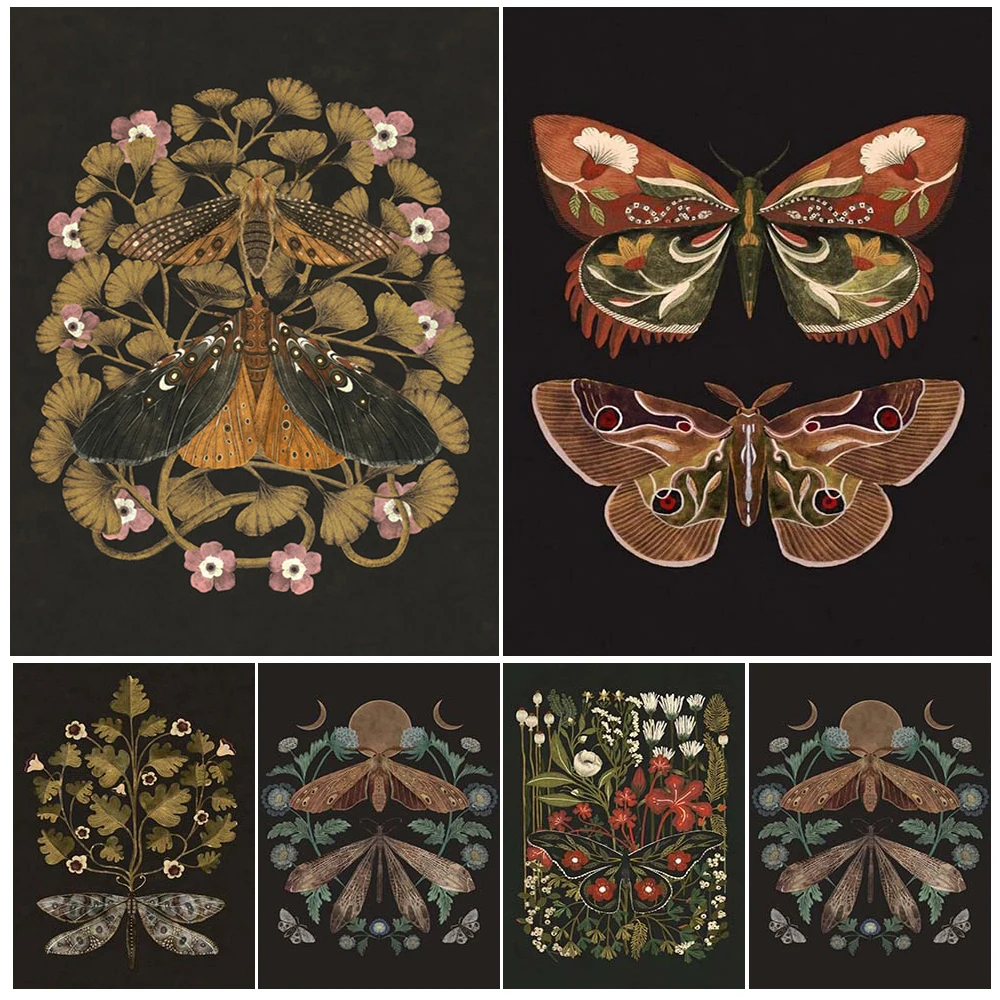 

Moths & Moon Botanical Illustrations Vintage Wall Art Canvas Painting Moths And Dragonfly Magic Art Poster Print Home Decoration