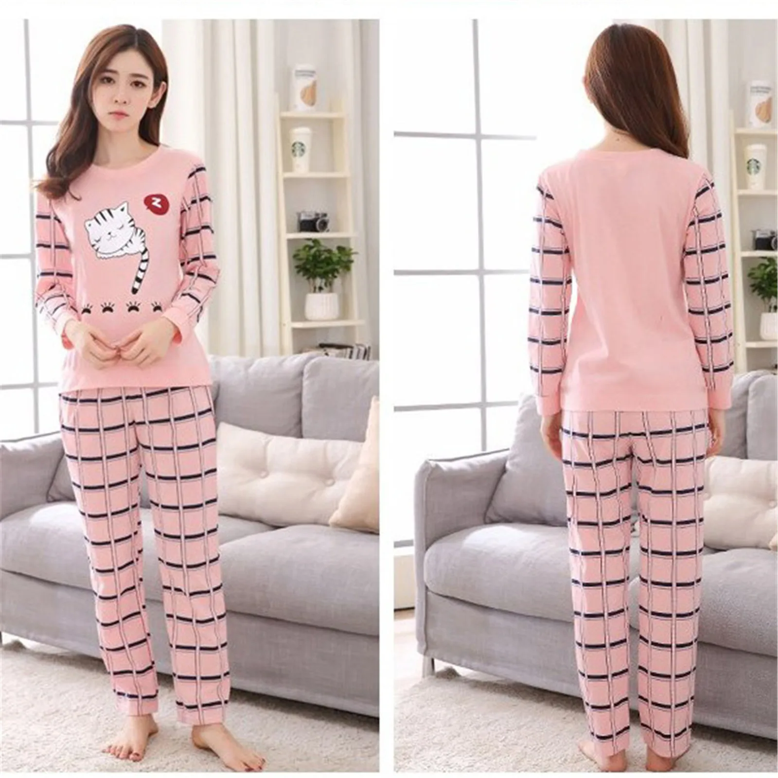 Autumn and Winter Woman  Loose Long Sleeves Shirt + Long Pants Pajamas Two-piece Suit