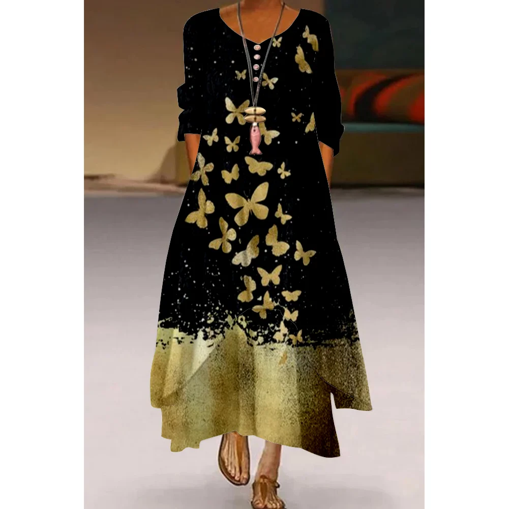 

New Butterfly 3D Printing Long Dress Sexy Fashion Retro Self-cultivation Party Casual Elegance Simple Female Daily Dress