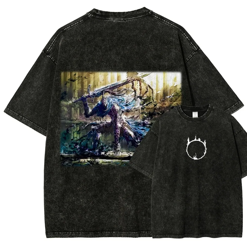 Classic Action RPG Dark Souls Graphic T-Shirt, Unisex Retro Washed Cotton Loose Oversized Casual Summer Women And Men T-Shirt