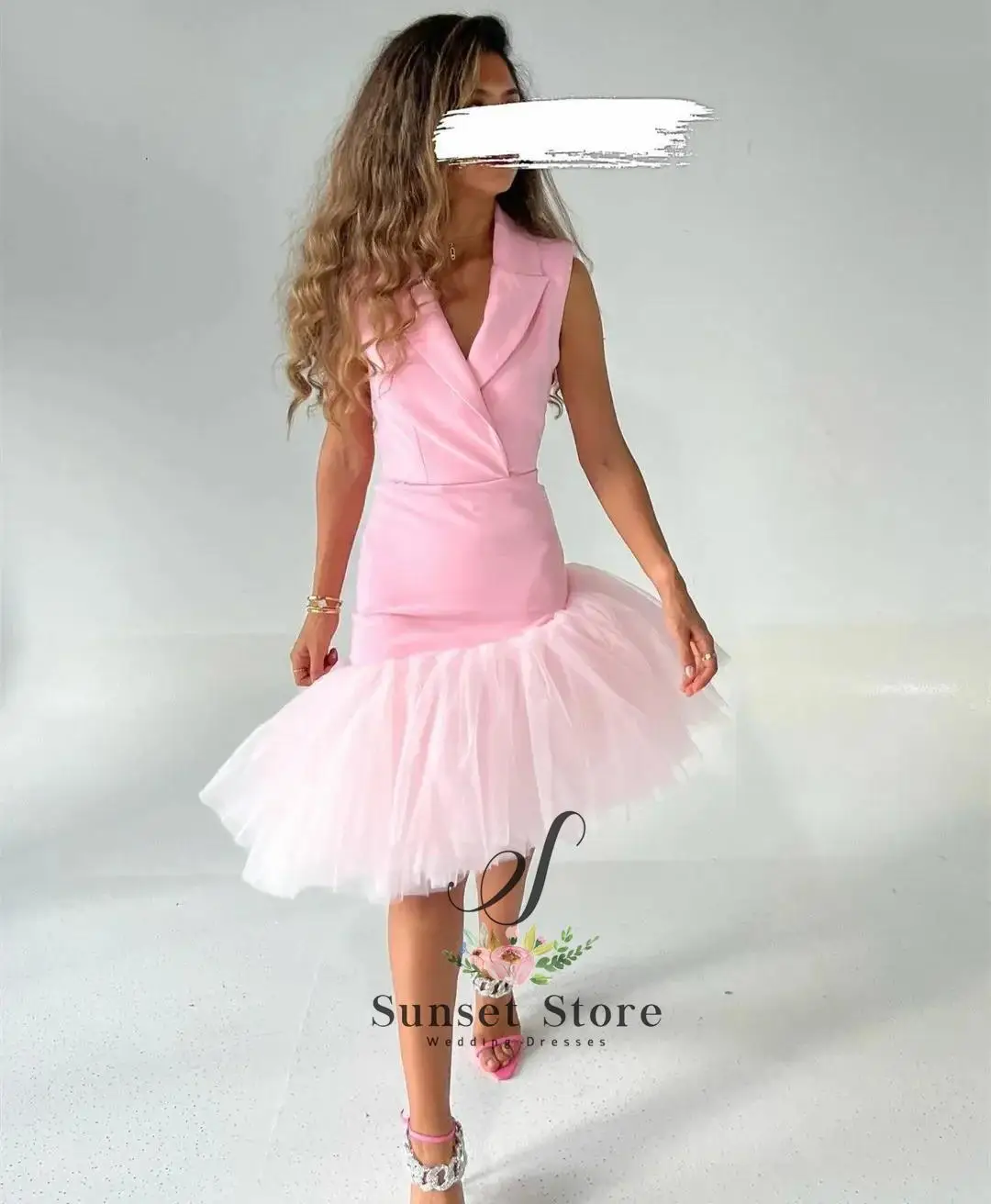 

Customized Pink Women Evening Party Dresses Elegant V-neck Prom Dress A-line Tulle Pleated Tea Length Arabic2025
