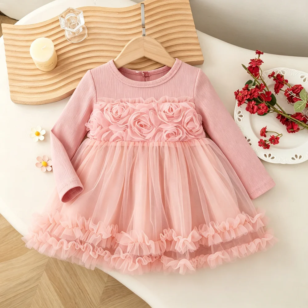 Baby Dress Spring And Autumn Mesh Flower Long Sleeve Cute Girl Dress Casual Princess Birthday Party Children's Dress Baby Girl C