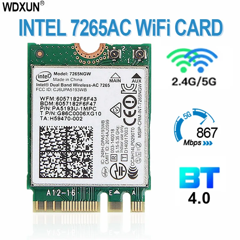 Dual Intel ไร้สาย AC 7265 7265NGW Ac7265 7265ac 802.11ac WiFi + บลูทูธ4.0 867Mbps NGFF การ์ด Lan