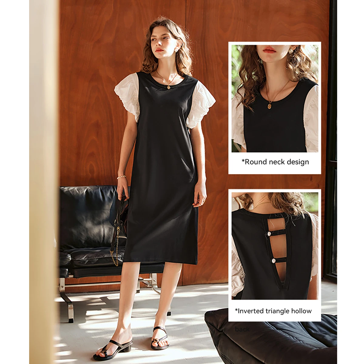 OLrain レディース エレガント サマードレス 2025 フレンチファッション カットアウトバック コントラスト 半袖 パッチワーク 女性服 O24XL82985