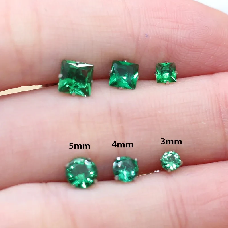 2pcs Fashion Stainless Steel 3/4/5/6/7/8mm Green Zircon Round Square Stud Earrings For Women Helix Tragus Cartilage Earrings