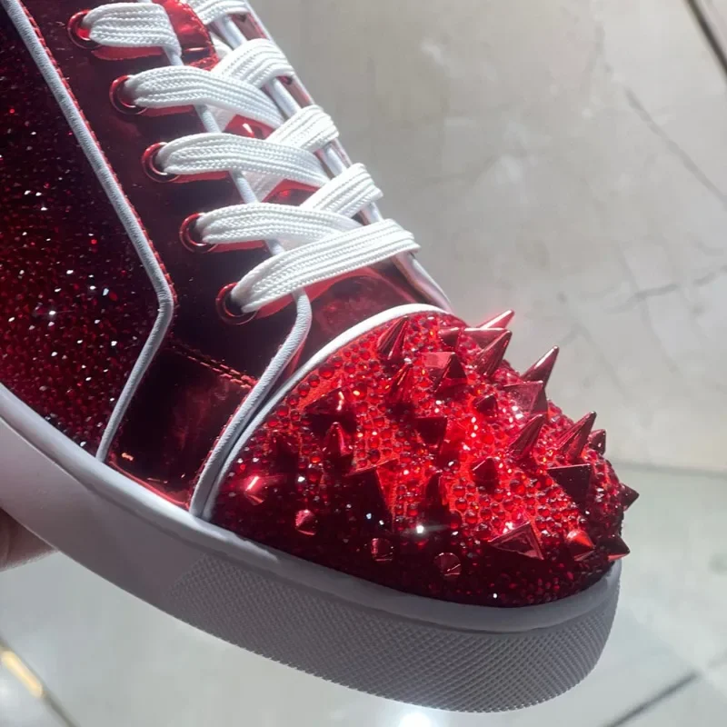 Luxury Brand High Top Red Bottom For Men Trainers Driving Spiked Patent Genuine Leather Shoes Messy Rivets Crystal Flats Sneaker