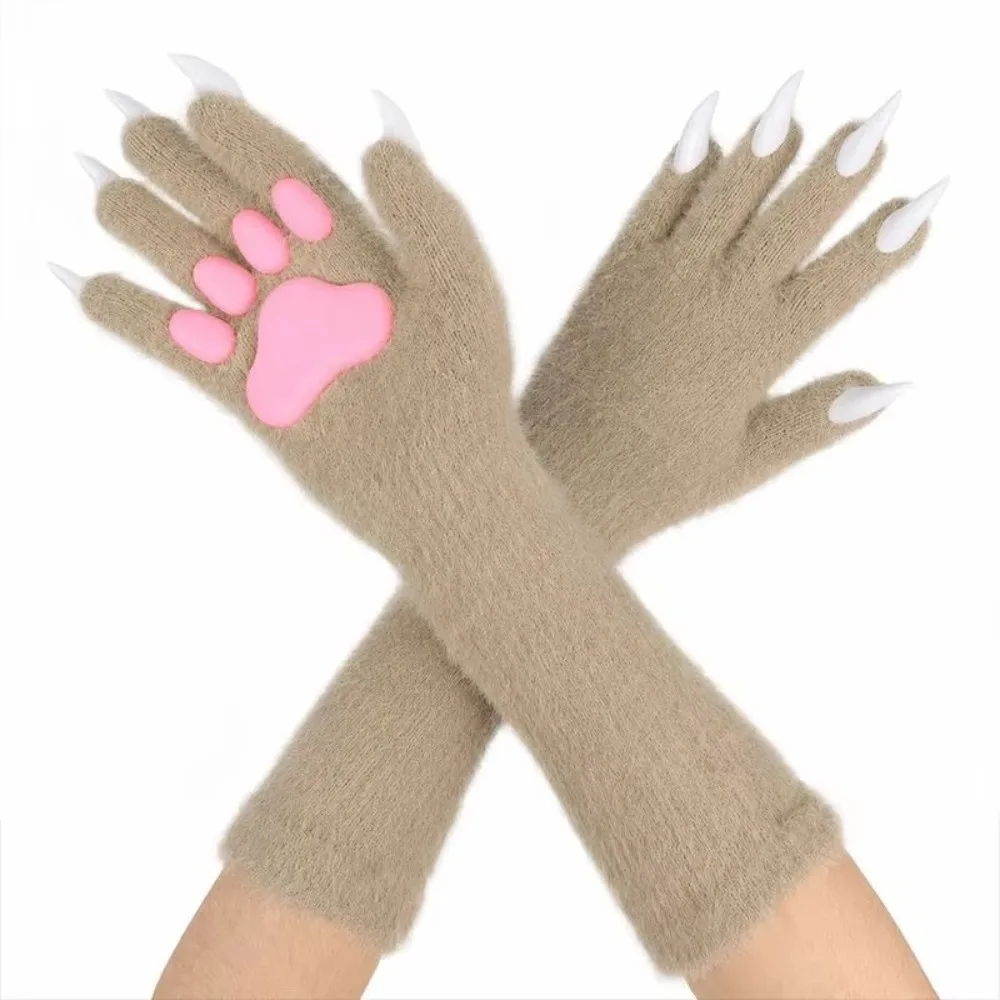 Furry Silicone Meat Pad Animal Paw Gloves Solid Color Cat Claw Mittens Long Nails Cosplay Ghost Claw Props Halloween Party