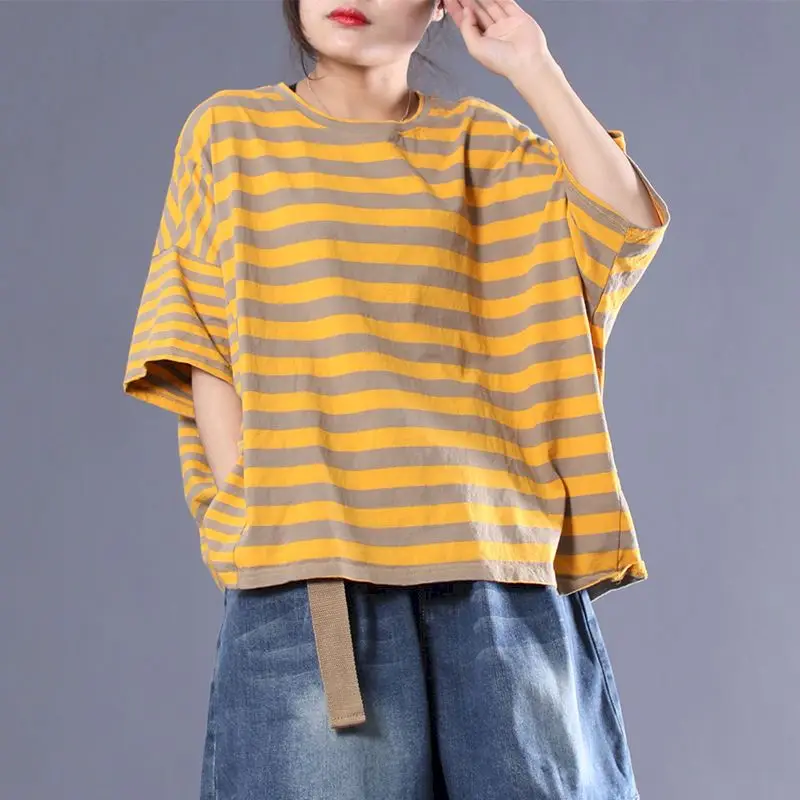 Oversized T Shirts Women Fashion Stripe Yellow T-shirt Casual Loose Short Sleeve Tops 2024 Summer Trend Oversized Tshirt Y2k Top