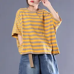 Oversized T Shirts Women Fashion Stripe Yellow T-shirt Casual Loose Short Sleeve Tops 2024 Summer Trend Oversized Tshirt Y2k Top