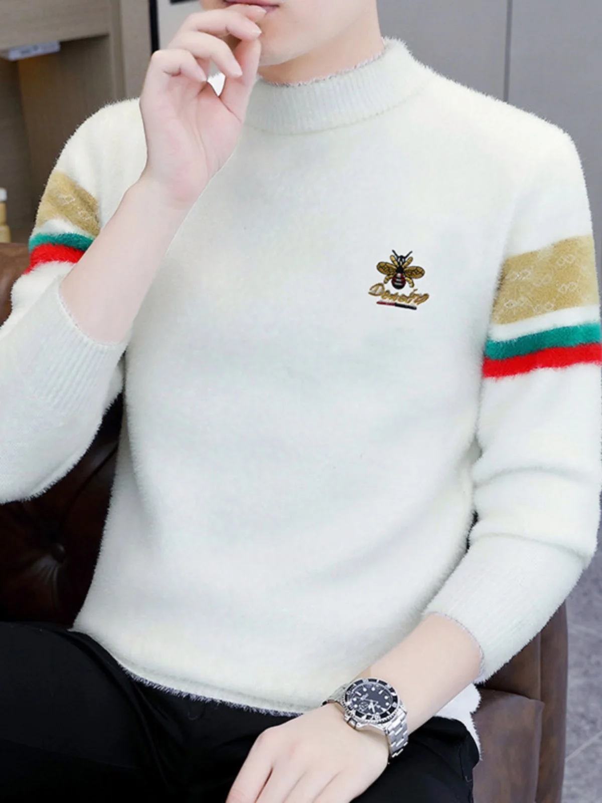 

Зимний теплый вязаный свитер, мужской модный повседневный норковый бархатный свитер с высоким воротником, верхний базовый слой, свободный крой, городская одежда...