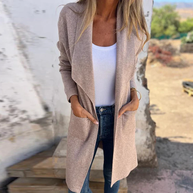 

2024 Autumn Women's Lapel Long Sleeved Woolen Coat Elegant Office Pocket Solid Color Slim Jackets Casual Thin Knitted Cardigan